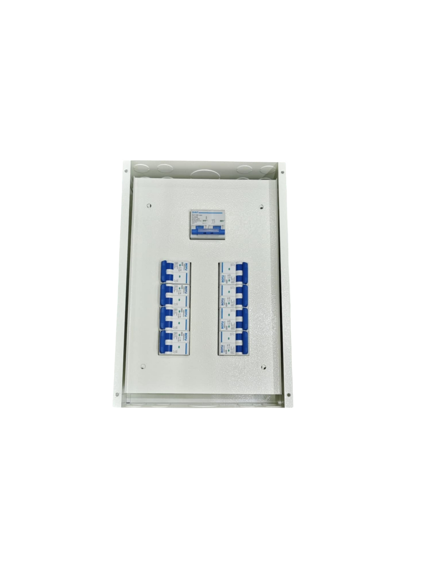 Chint Koten Royu metal distribution panel with eight blue breakers on white door 125A panel board 2 pole 8 Branches .