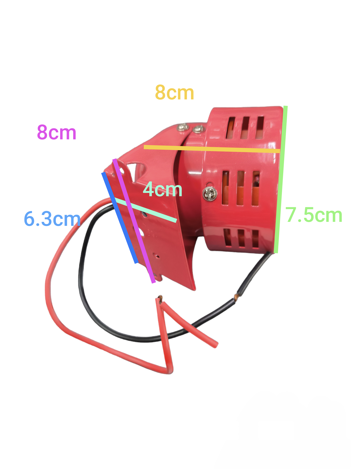 Auspicious red 24V emergency alarm siren with ventilation slots and attached wiring for door chimes and bells