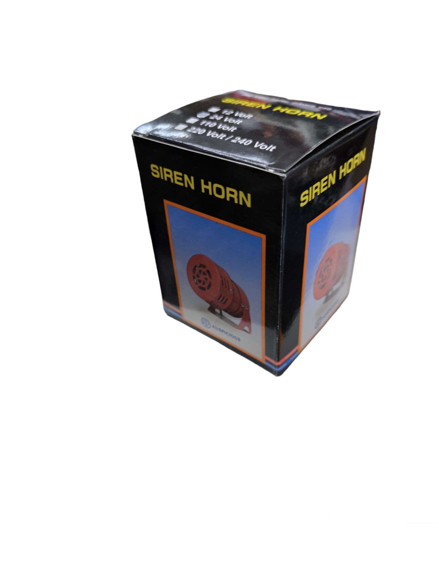 Auspicious 24V emergency alarm siren in black and red packaging with siren horn image