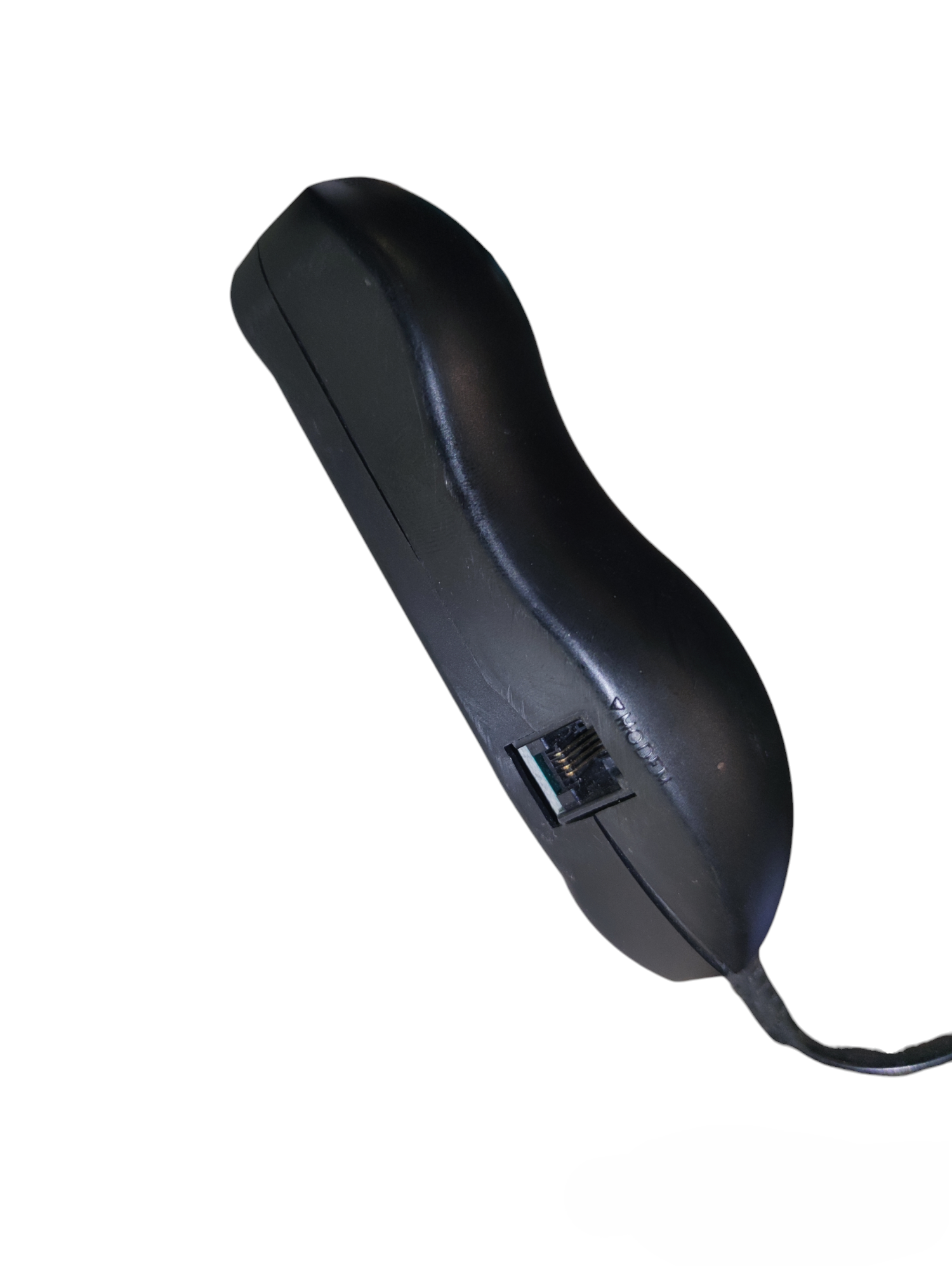 Black telephone handset style ADSL splitter for telephone and internet. RJ11 jack visible on compact China switch