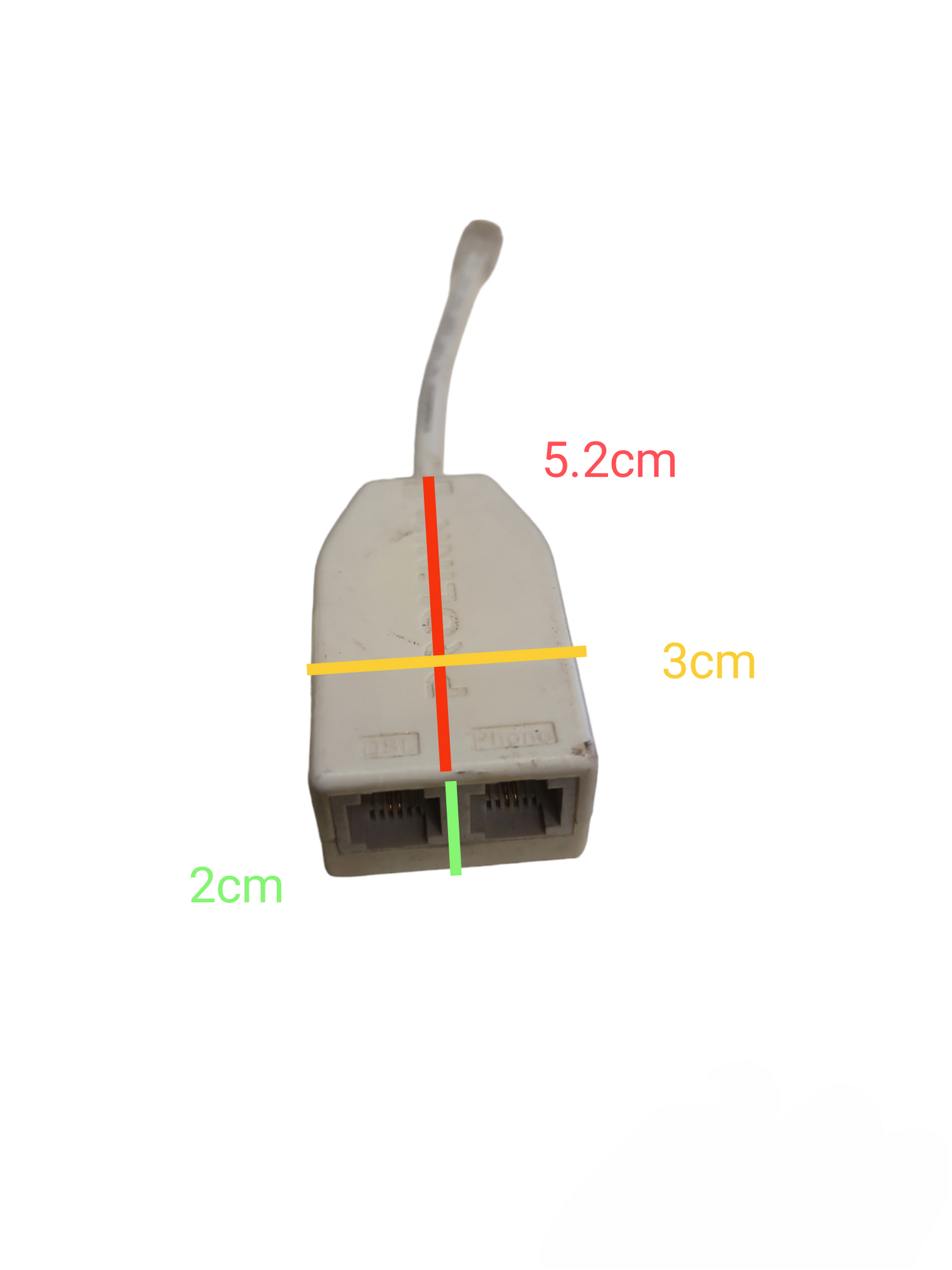 China made white ADSL splitter for telephone and internet dual RJ11 jack with short cable and size markings