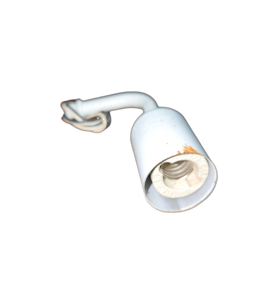 White E14 porcelain socket with wire lamp holder from China showing curved arm and light rust