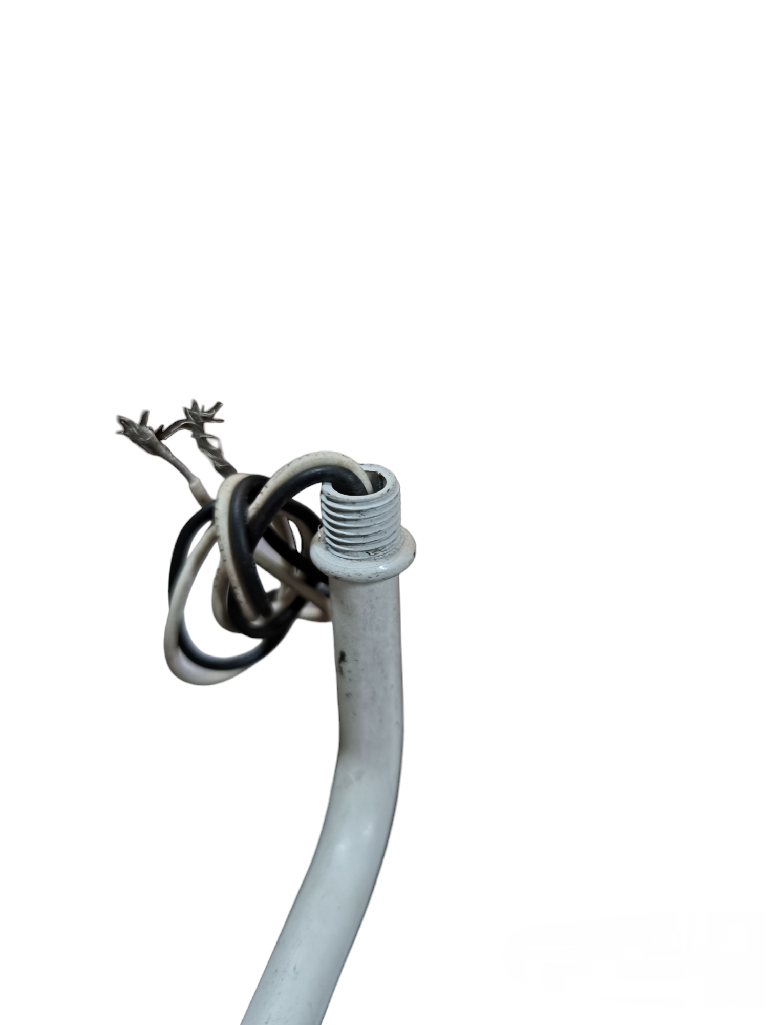 E14 porcelain socket with wire attached to white curved lamp holder showing stripped wire ends for fixture installation