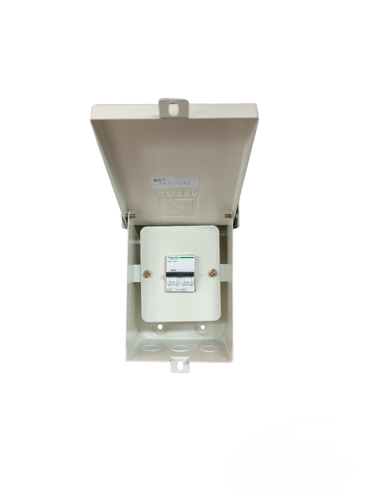 Koten and Schneider metal electrical enclosure 2 pole 220v open lid showing mounted 2 pole circuit breaker