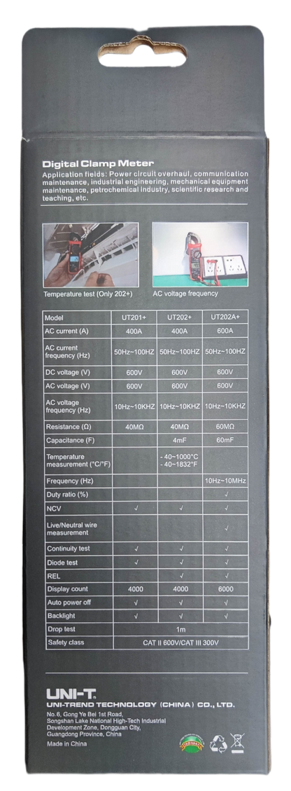 UNI-T Digital Clamp Multimeter 400A specifications and features on packaging label
