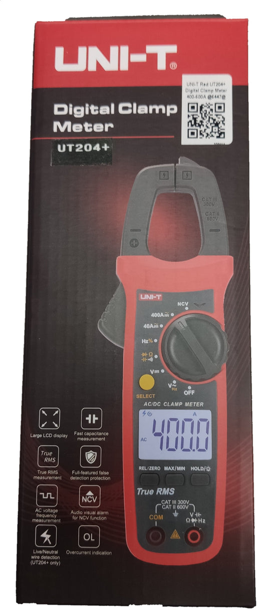 UNI-T Digital Clamp Multimeter UT204 plus with LCD display and multiple measurement functions in black and red