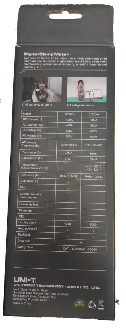 UNI-T Digital Clamp Multimeter packaging with detailed specifications and features listed on the back