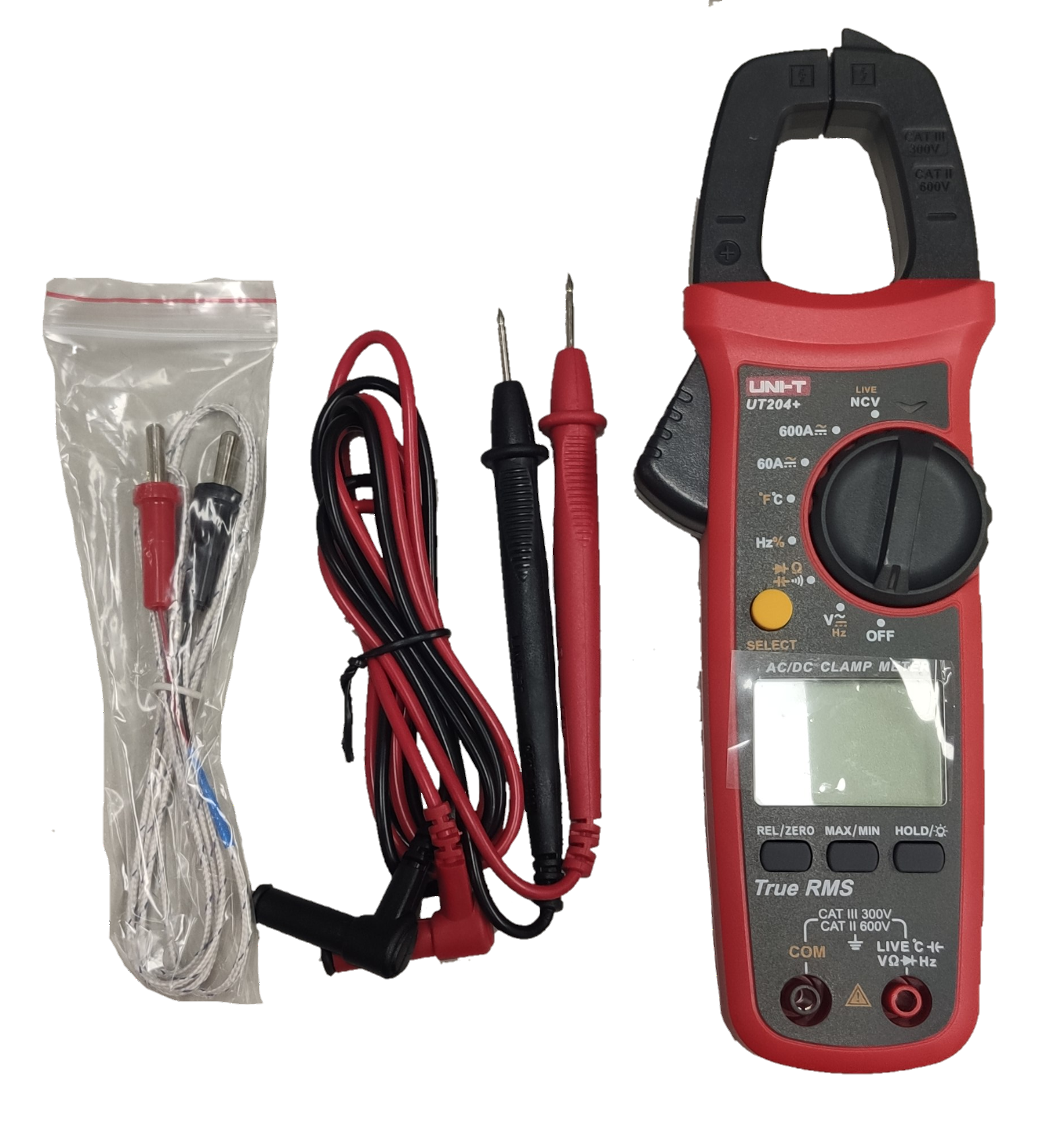 UNI-T Digital Clamp Multimeter with red and black test leads and temperature probe for electrical testing