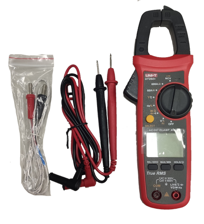 UNI-T Digital Clamp Multimeter with red and black test leads and temperature probe for electrical testing
