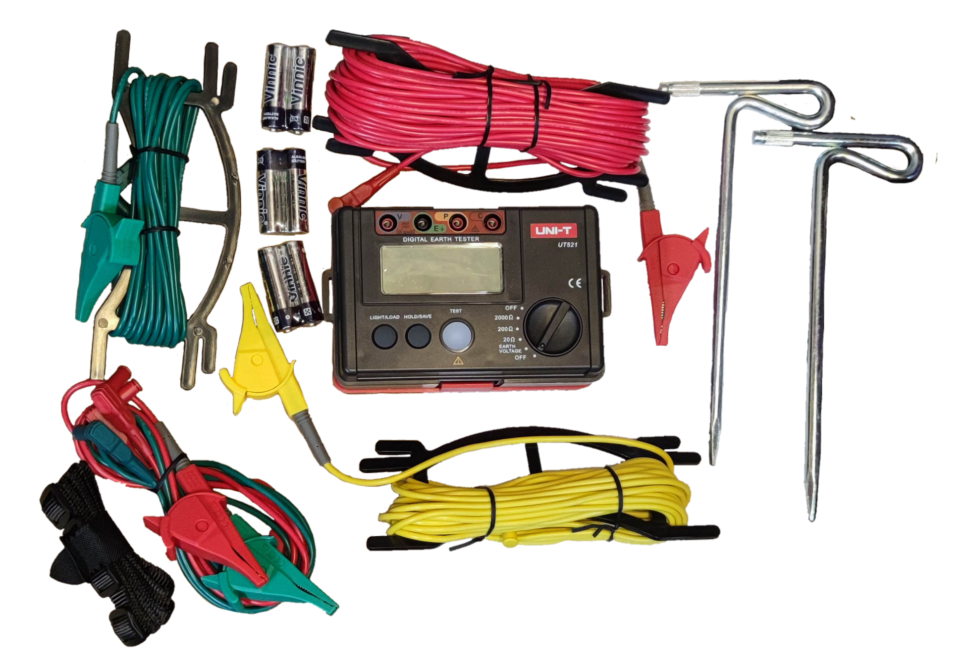 Digital Earth Leakage Tester kit with various colored cables clamps batteries and metal stakes by Electx Electrical Supply
