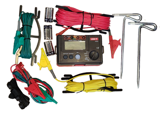 Digital Earth Leakage Tester kit with various colored cables clamps batteries and metal stakes by Electx Electrical Supply