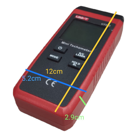UNI-T Mini Non Contact Tachometer UT373 in red with buttons and display for easy speed measurement