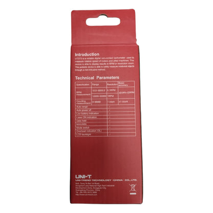 Back of the UNI-T Mini Non Contact Tachometer UT373 packaging showing technical specifications and parameters