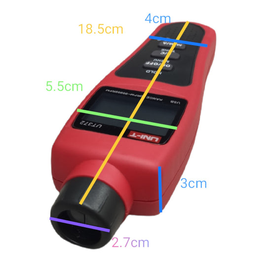 UNI-T Non Contact Tachometer UT372 with a sleek red design and compact size for accurate RPM measurements