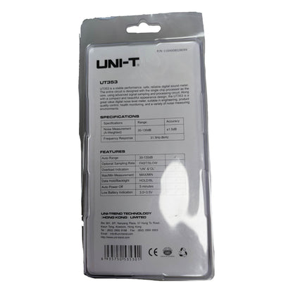 UNI-T Decibel Meter Reading UT353 with detailed specifications and features on the package back.