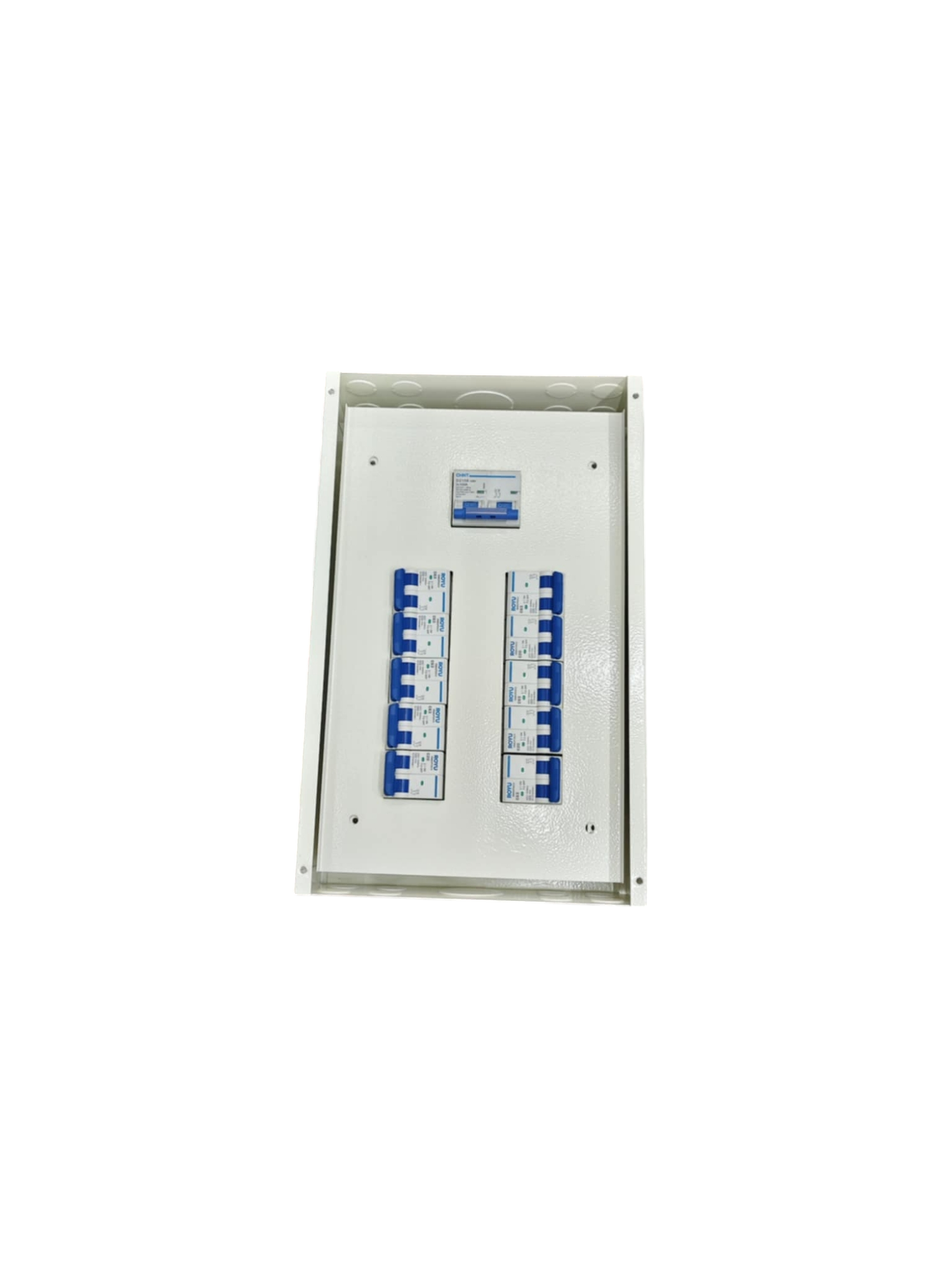 10 Branches Panel Board with 125A Main 2P. White metal distribution box with two rows of blue breakers by Chint Koten Royu