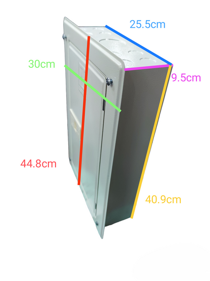 10 Branches Panel Board with 125A Main 2P white metal distribution enclosure with hinged door and dimension labels