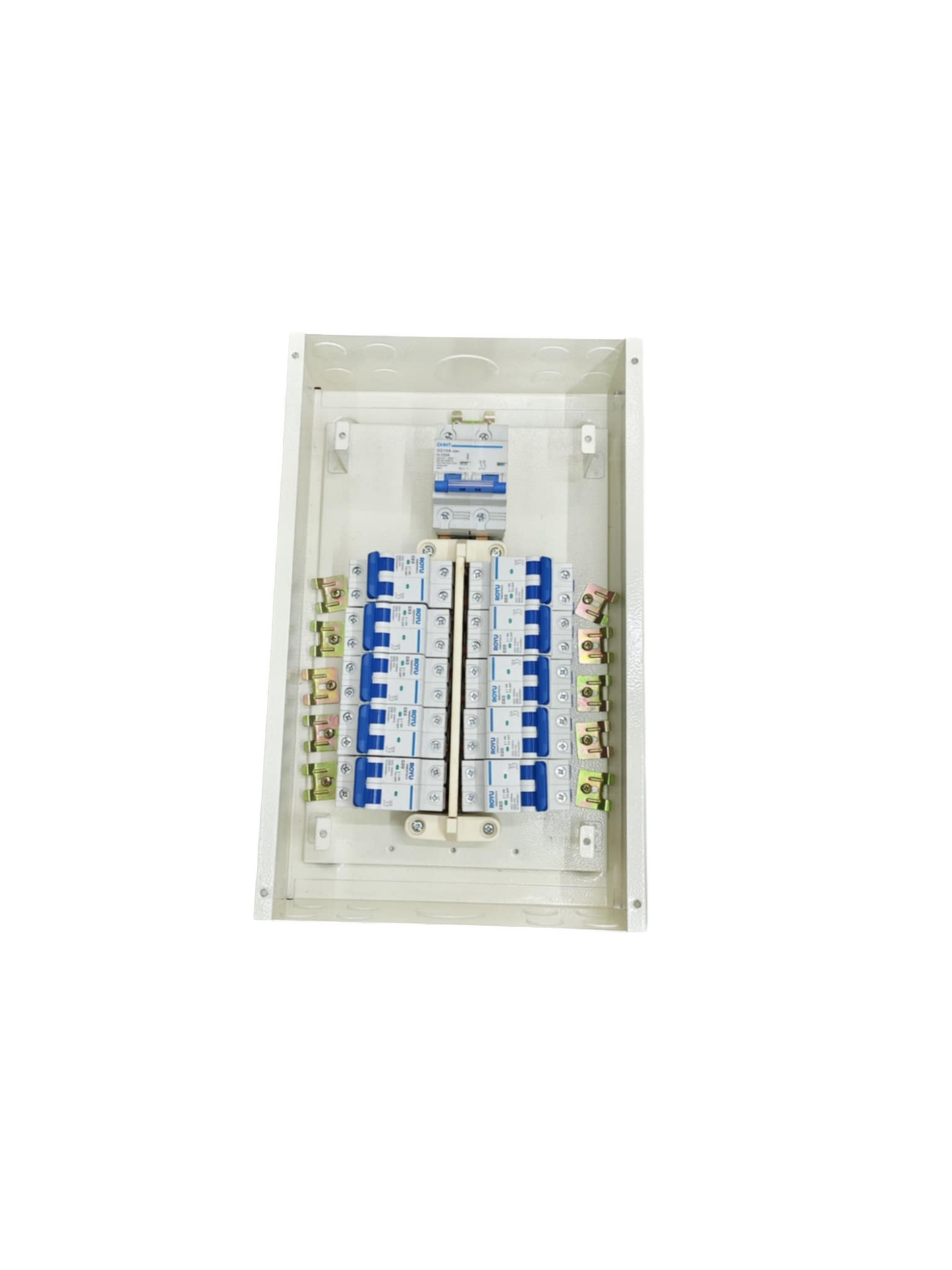 Chint Koten Royu 10 Branches Panel Board with 125A Main 2P. White enclosure with 10 blue MCBs and busbars