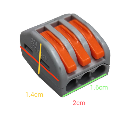 32A 250V wire terminal block with three orange levers and gray body for electrical connections