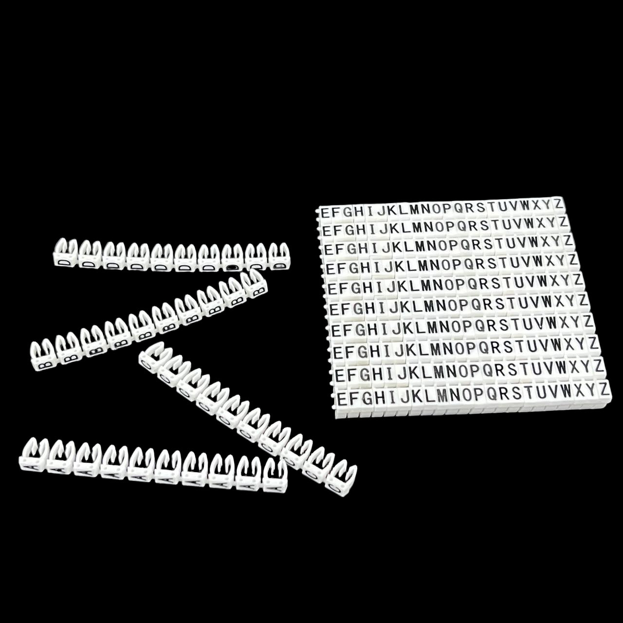 Grippes alphabet cable markers 260pcs white letter clips for cable management and organization on black background
