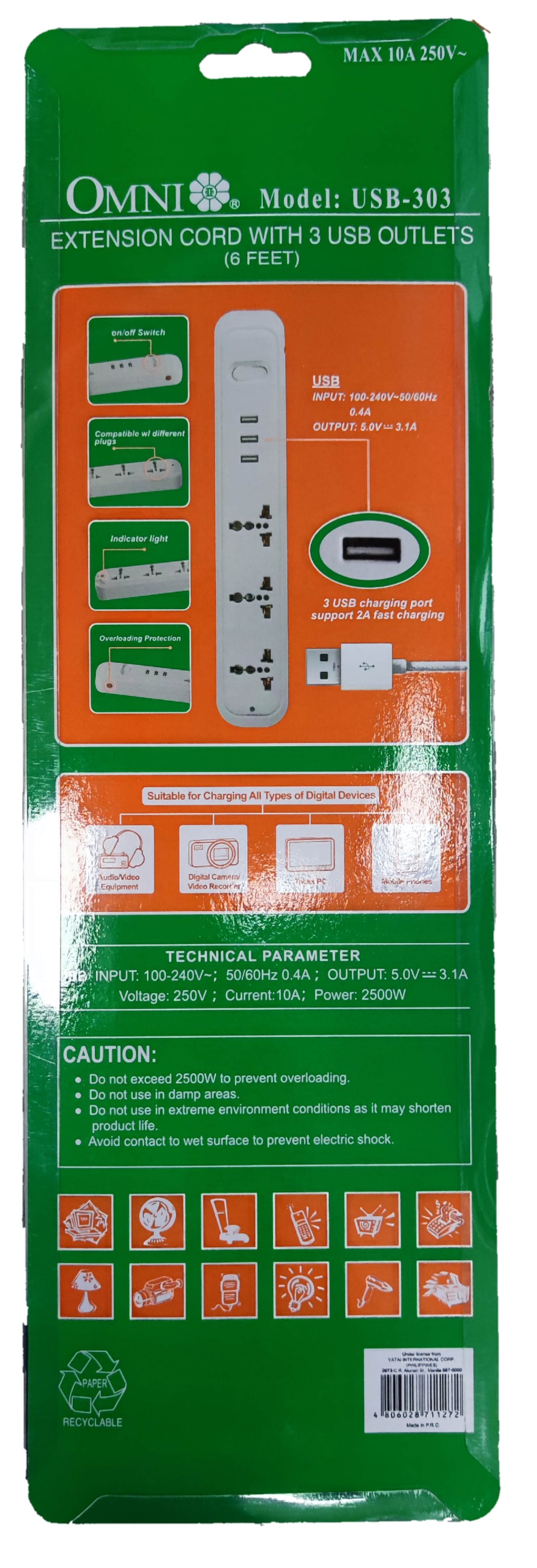 Omni USB-303 extension cord with 3 USB outlets, offering a universal outlet power strip with USB connectivity
