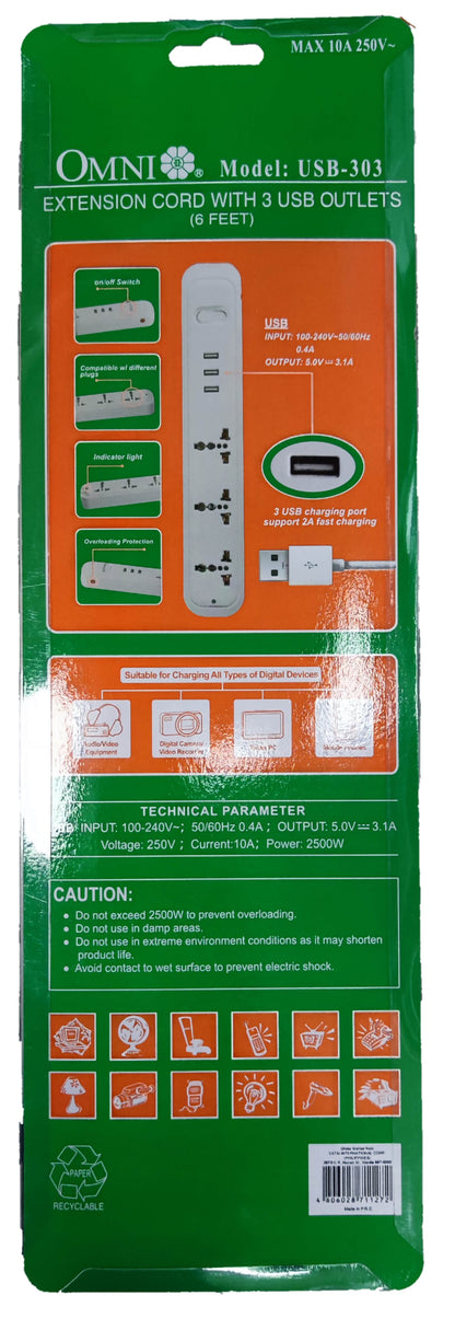 Omni USB-303 extension cord with 3 USB outlets, offering a universal outlet power strip with USB connectivity