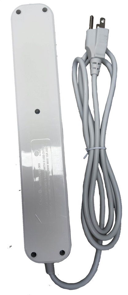 Omni universal outlet power strip with USB in white showing power cord and plug