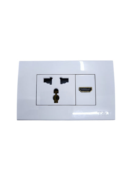 T&J universal outlet with HDMI port featuring dual sockets for versatile connection options