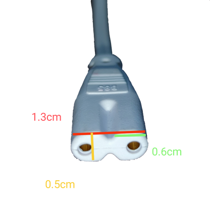 T-5 AC Connector 2 Pins white 2-pin power plug close up with cable and measurement markings on black background