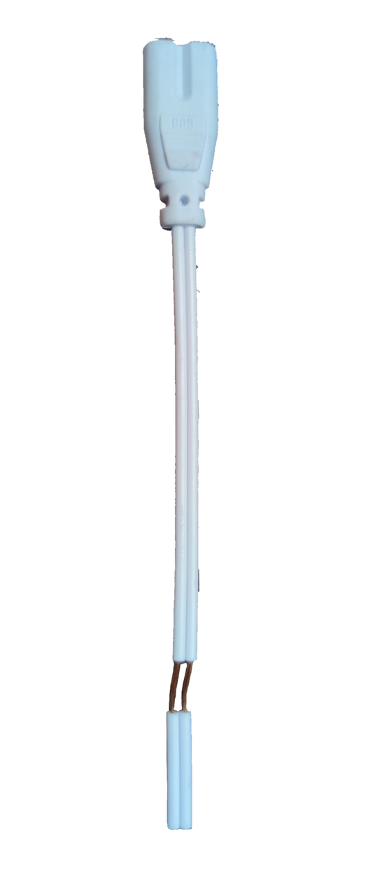 White T-5 AC Connector 2 Pins with short twin white wires and exposed stripped ends for LED lighting