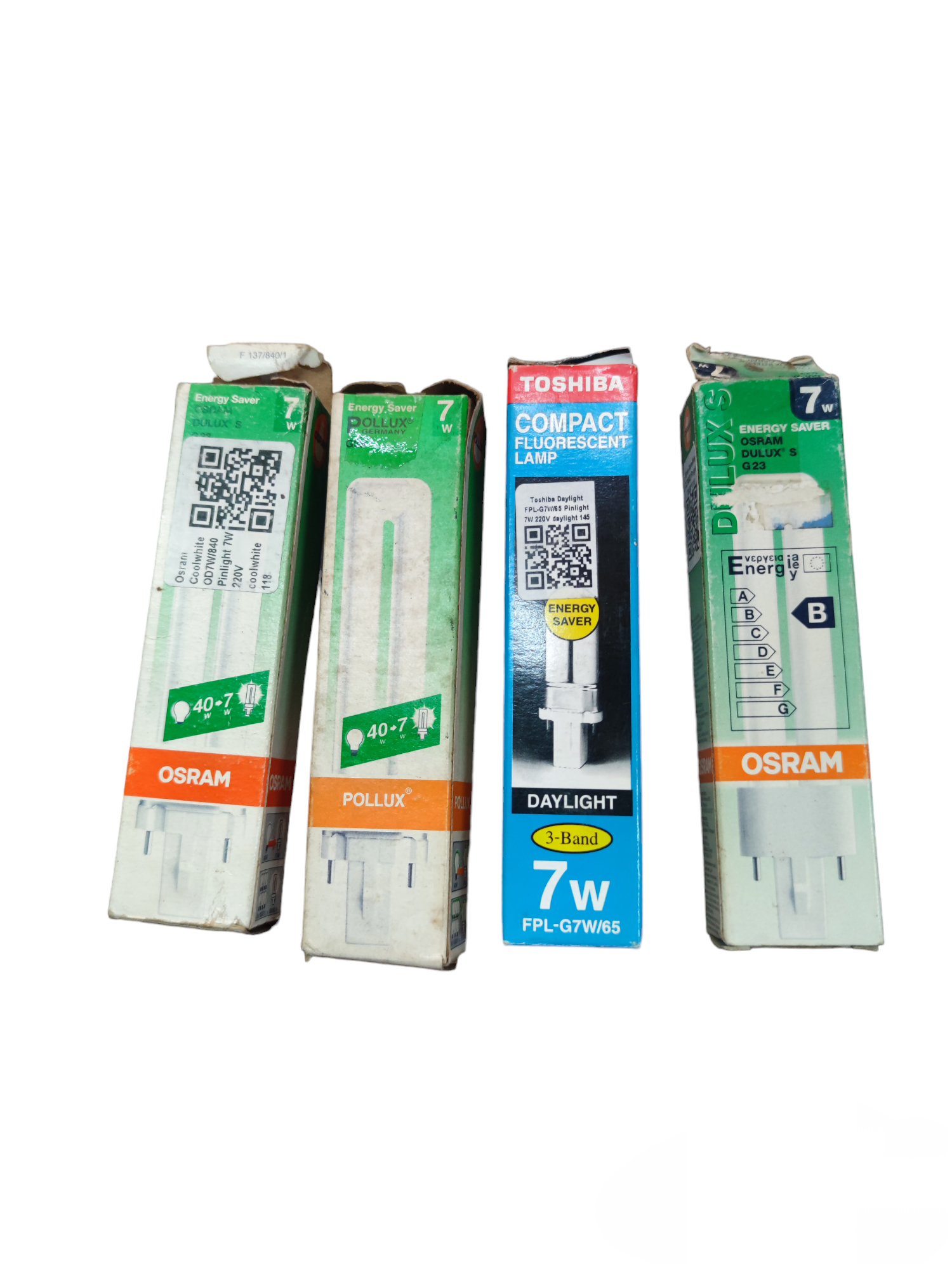 Pollux G23 Pin Base CFL Bulb 7W compact fluorescent tubes in original packaging with energy saver labels