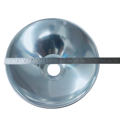 14 inch aluminum reflector lamp cover from Electx Electrical Supply with measuring ruler on black background