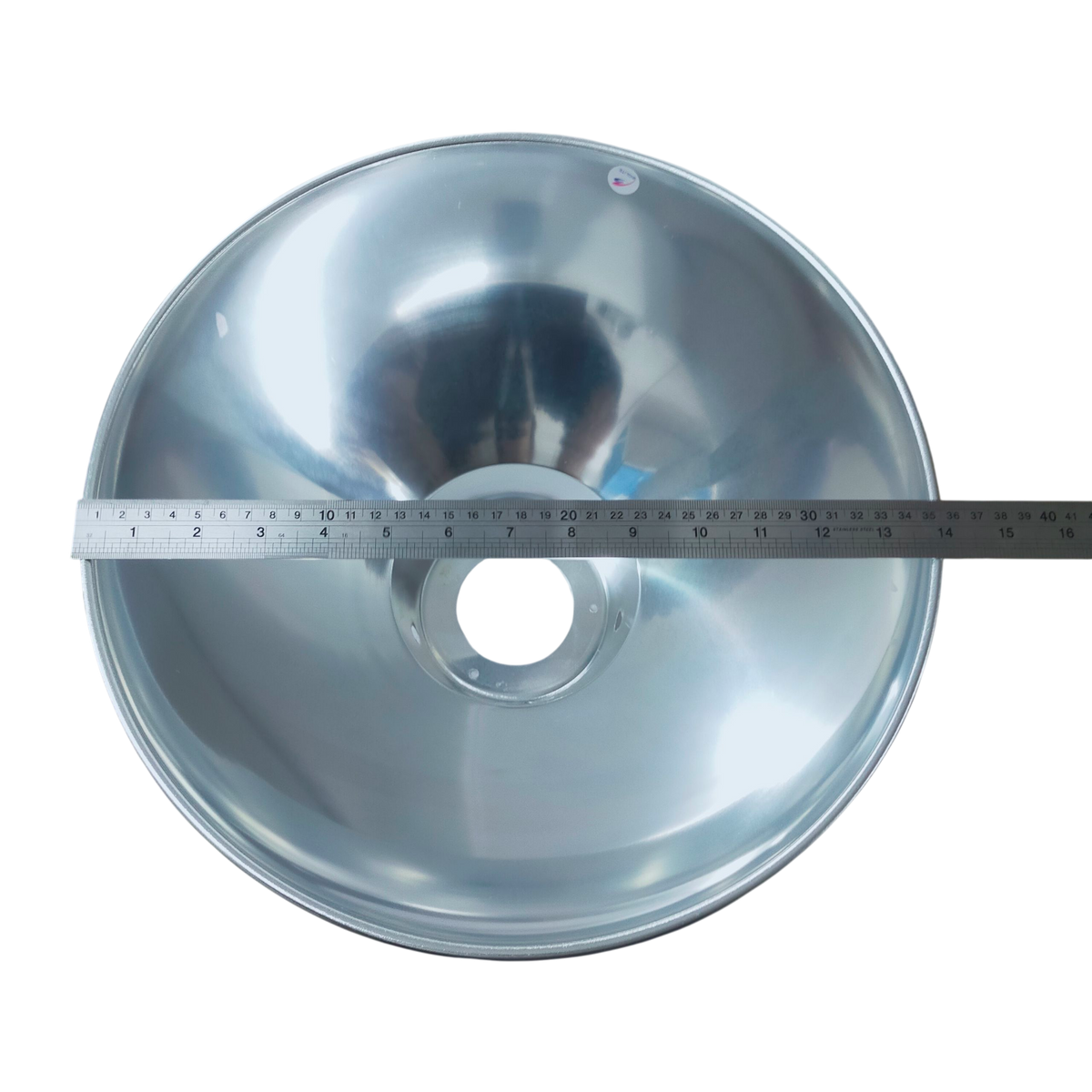 14 inch aluminum reflector lamp cover by Electx Electrical Supply with ruler on black background