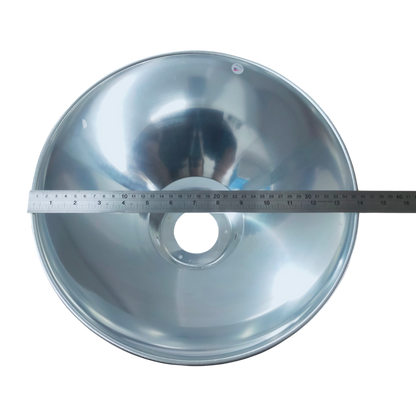 14 inch aluminum reflector lamp cover by Electx Electrical Supply with ruler on black background
