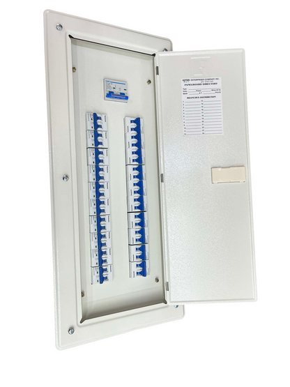 Chint 20 Branches 2 Pole Miniature Circuit Breaker electrical panel with open white metal enclosure