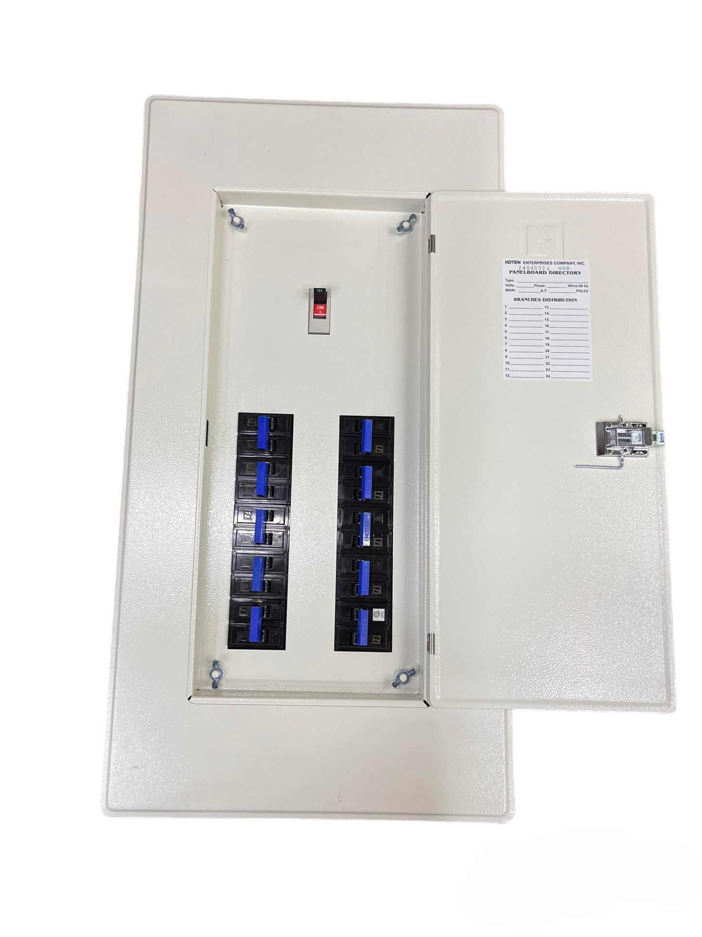 Koten 200A 2Pole Main 250SPS and 10 Branches electrical circuit breaker panel with open white metal door