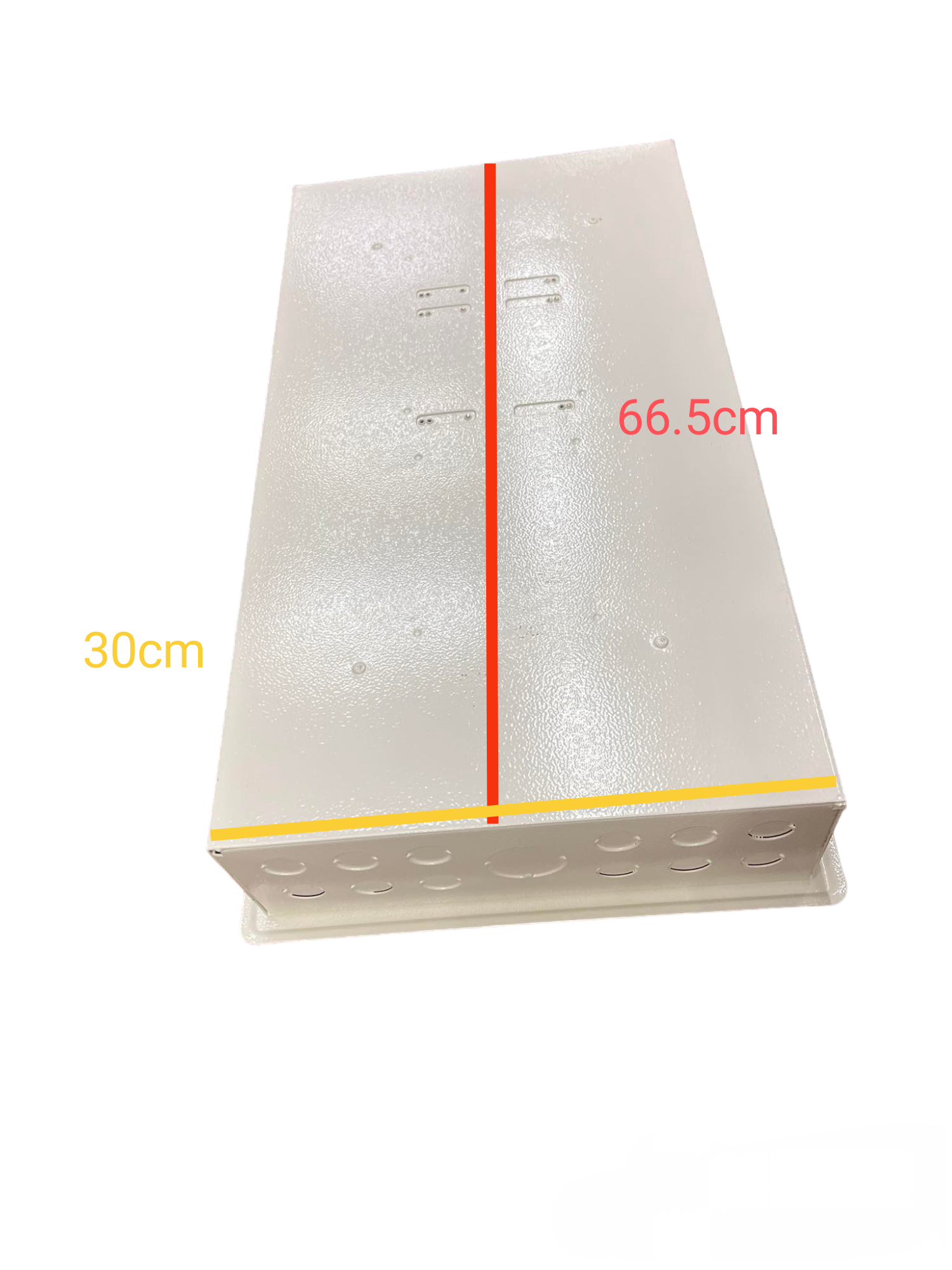 200A panel board with circuit breakers in white metal enclosure measuring 66.5 by 30 cm