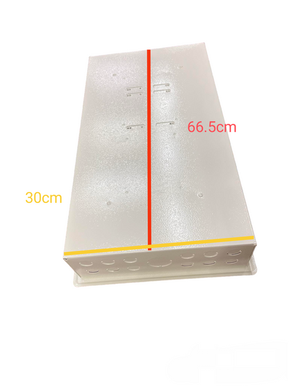 200A panel board with circuit breakers in white metal enclosure measuring 66.5 by 30 cm