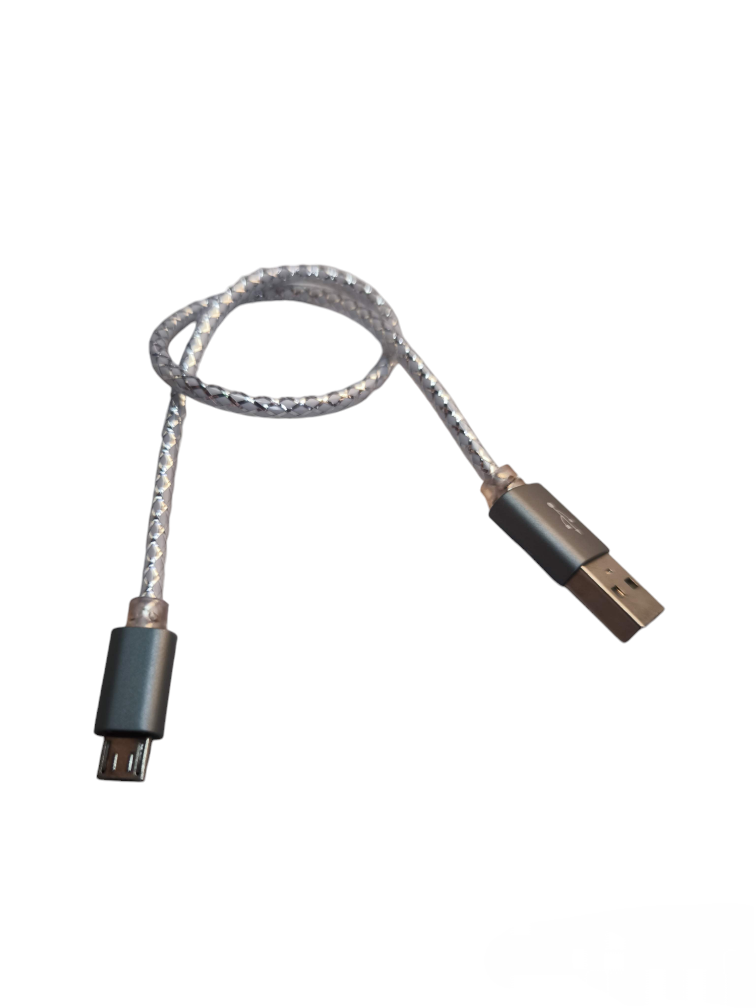 30cm micro USB charging cable with braided silver design and black connectors from China