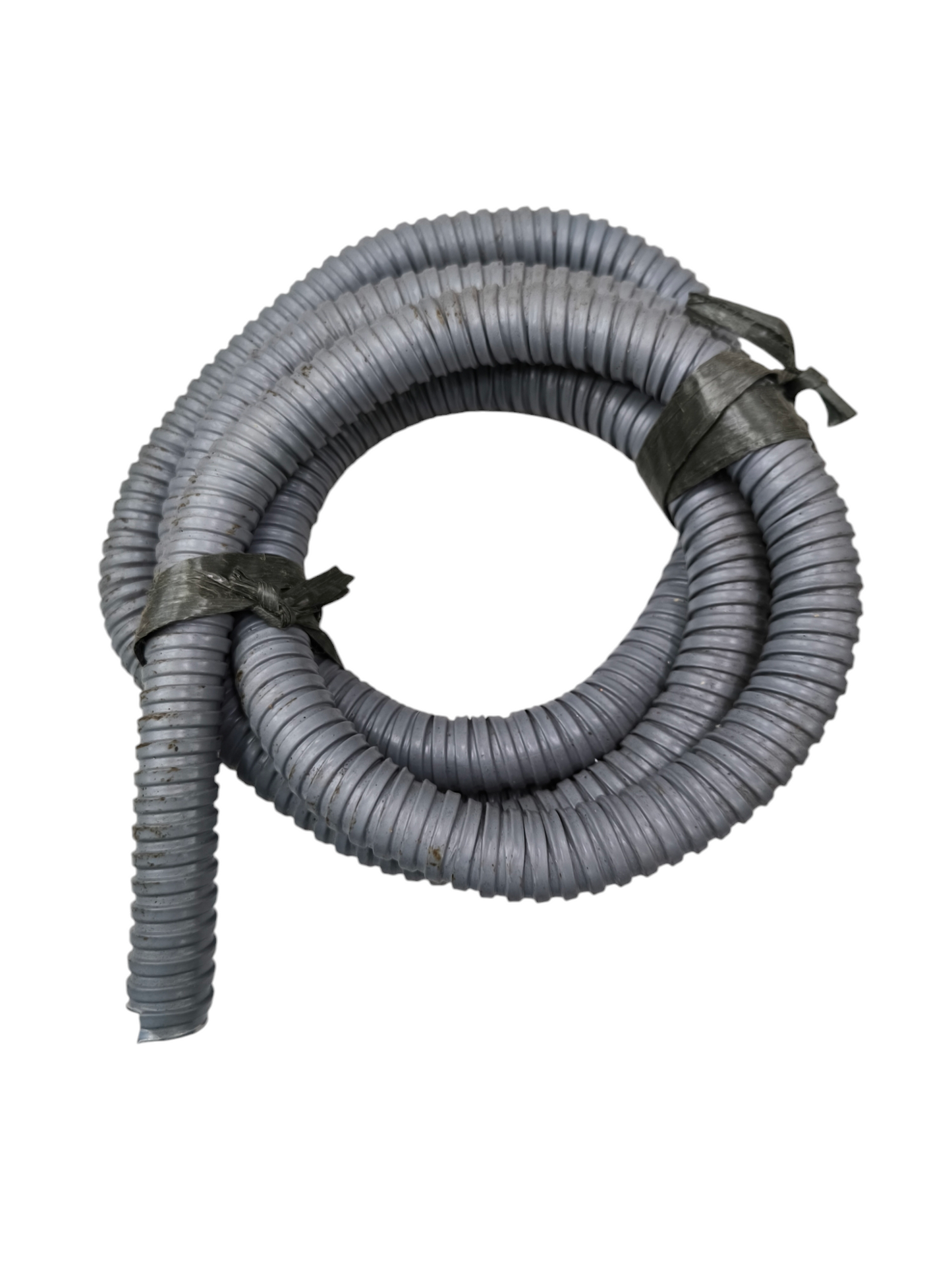 Local brand gray Liquid Tight Flexible Hose coiled and secured with black tape for durable piping