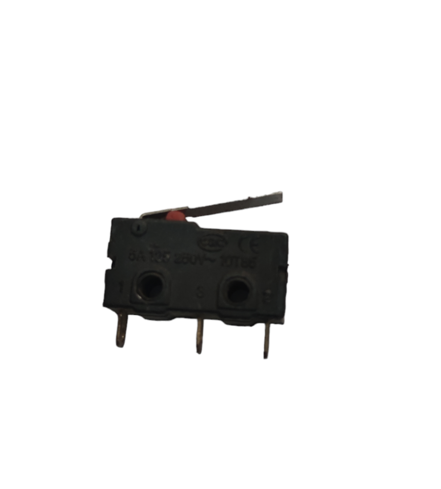Micro Switch Small Switch 1NO 1NC black electrical component with three metal pins and lever