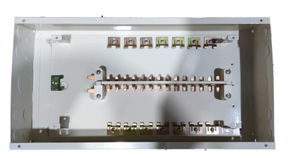 Panel Board 100A 2Pole Main electrical component with copper connectors inside white metal enclosure