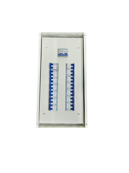 Panel Board 100A 2Pole Main electrical circuitry with multiple blue switches and white metal enclosure