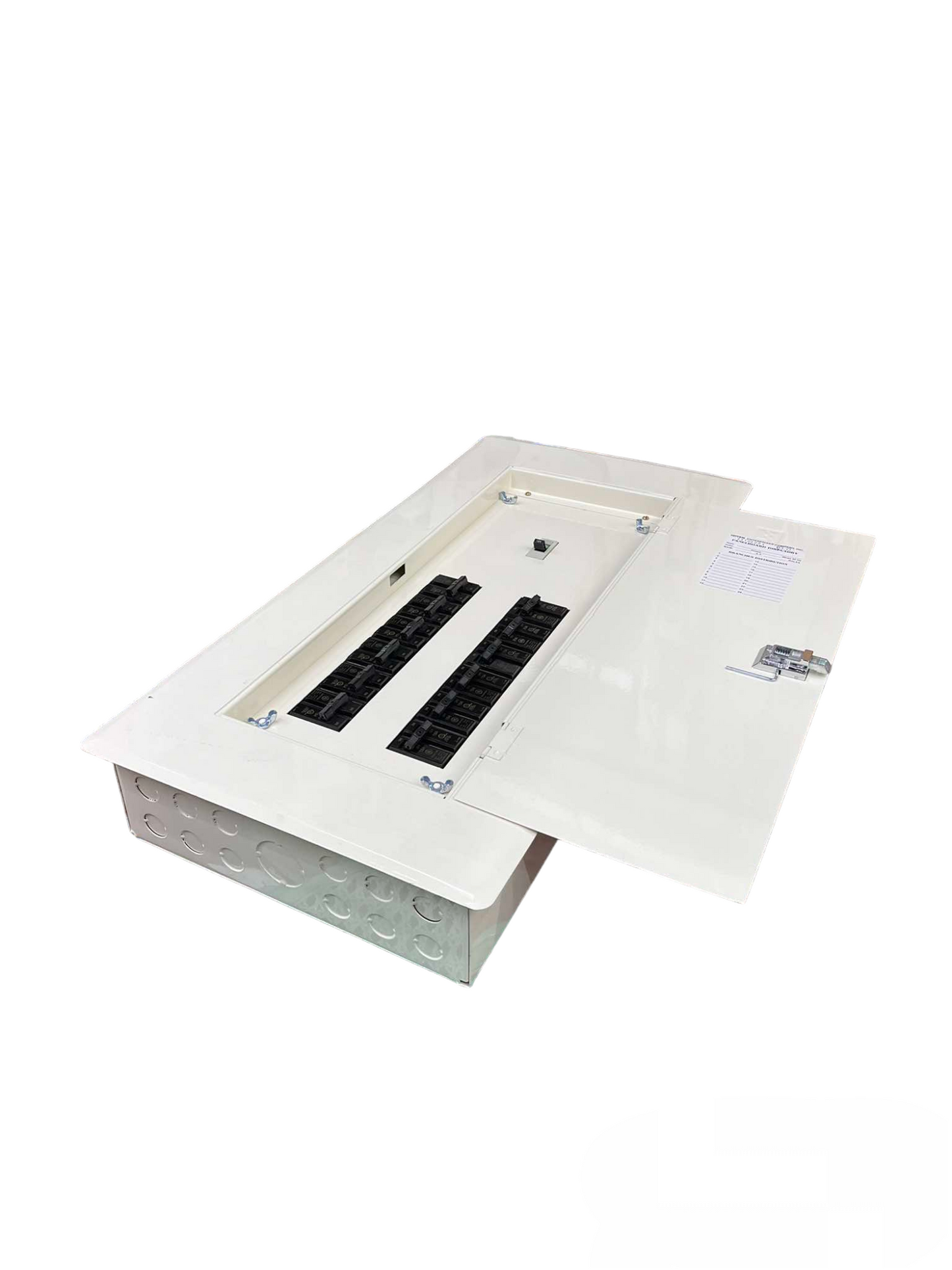 Koten and GE Panel Board 125A 250SP 2Pole Main electrical circuit breaker panel with open white metal door