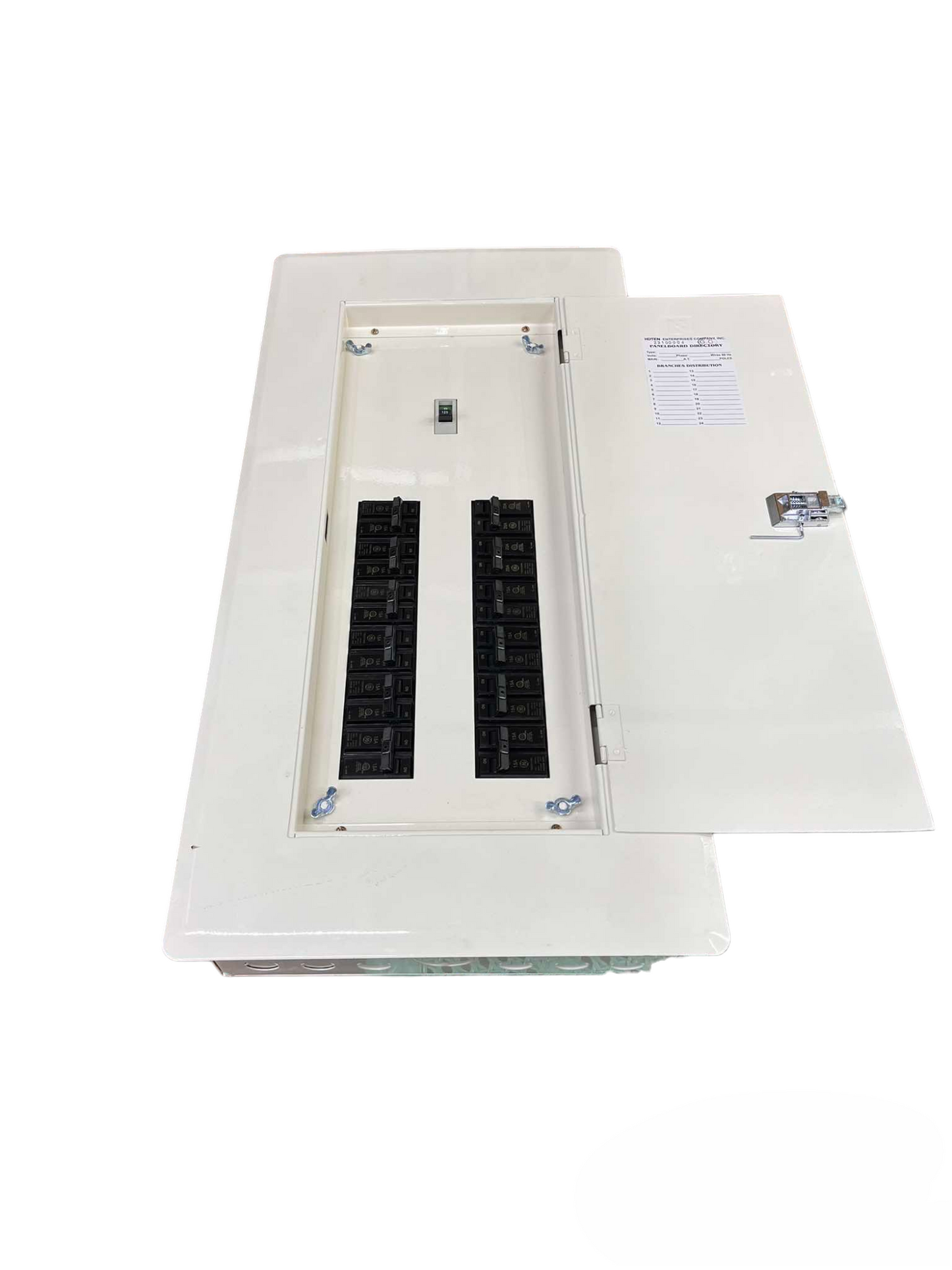 Koten and GE Panel Board 125A 250SP 2Pole Main electrical breaker panel with open white metal door