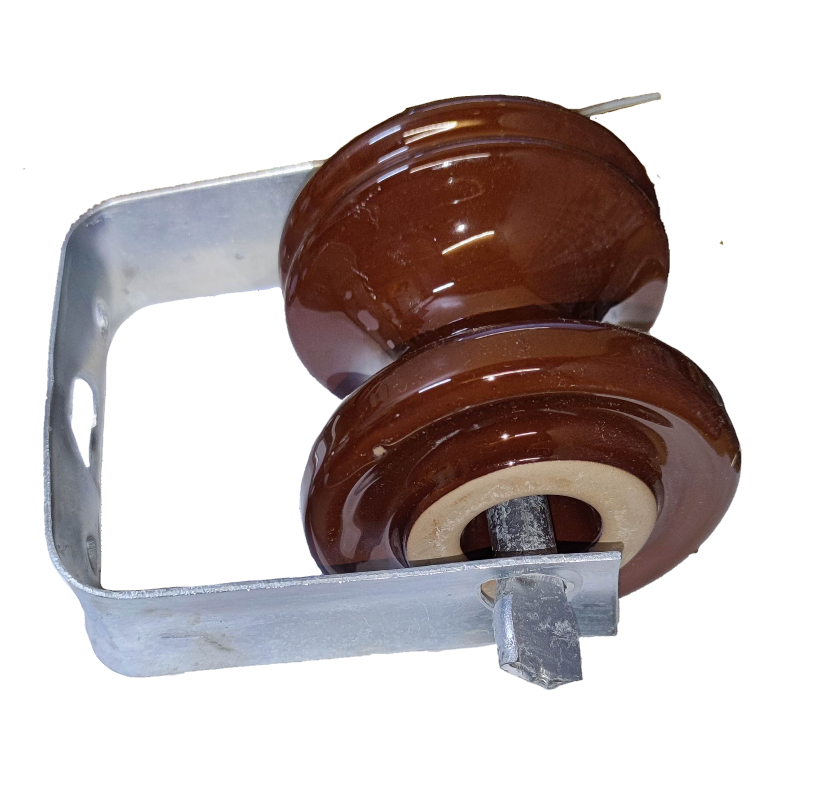 Electx Electrical Supply secondary rack 1 wire insulator with brown ceramic discs and metal bracket
