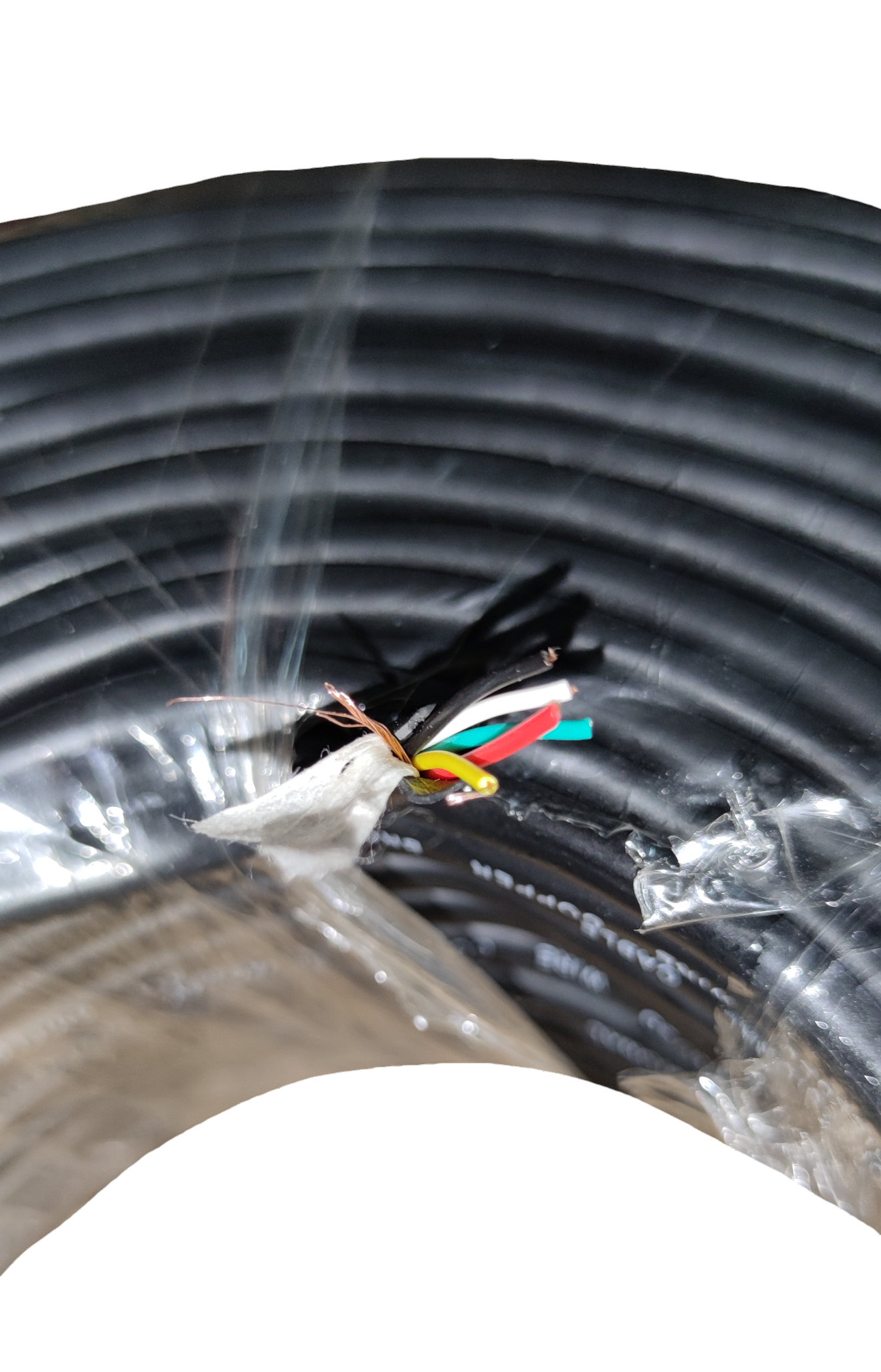 Black coil of Electx Electrical Supply shielded copper stranded wire with exposed colored inner wires