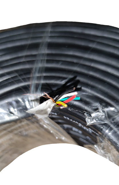 Black coil of Electx Electrical Supply shielded copper stranded wire with exposed colored inner wires