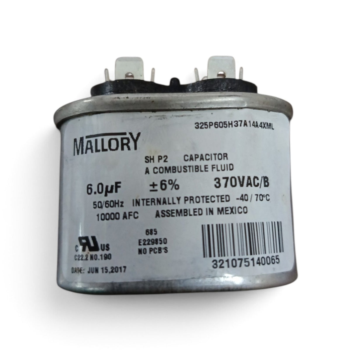Oil-Filled Metallized Polypropylene Film Running Capacitor 6uf 370V AC 50/60Hz Aluminum Can, With Resin-Sealed Terminals