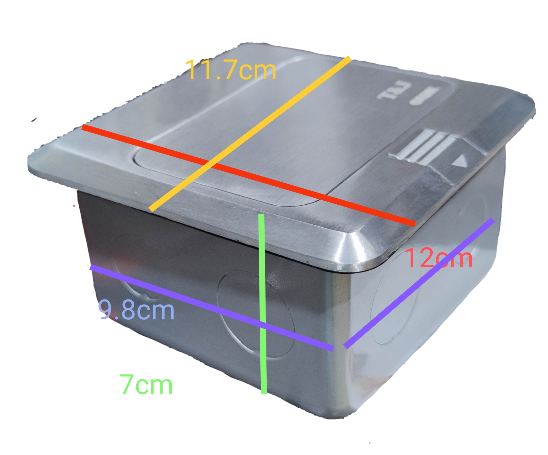 T&J Voice Pop Up Floor Outlet stainless steel power point with measurements on black background